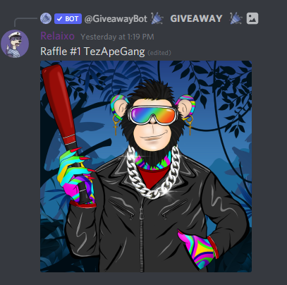 tzRaffles's tweet photo. 🎁GIVEAWAY!🎁

Giving away this awesome @TezApeGang  on our discord server! 

Join the server and enter the #freeraffles channel!

https://t.co/sTJisvKeVL

#nftgiveaway #cleannft #nfts #tezos #XTZ 

Also giving away an Alternative Ottez, Diplomat, Ilmeresh &amp; Mekatron. https://t.co/zjrGrLUjUe