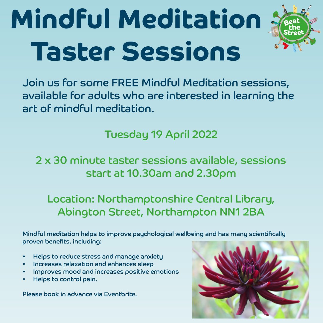 If you can't make our first taster sessions, then don't worry! We have 2 more FREE Mindful #Meditation taster sessions planned on Tuesday 19 April at Northamptonshire Central Library🧘. Find out more &amp; RSVP here - bit.ly/3usMV6y
