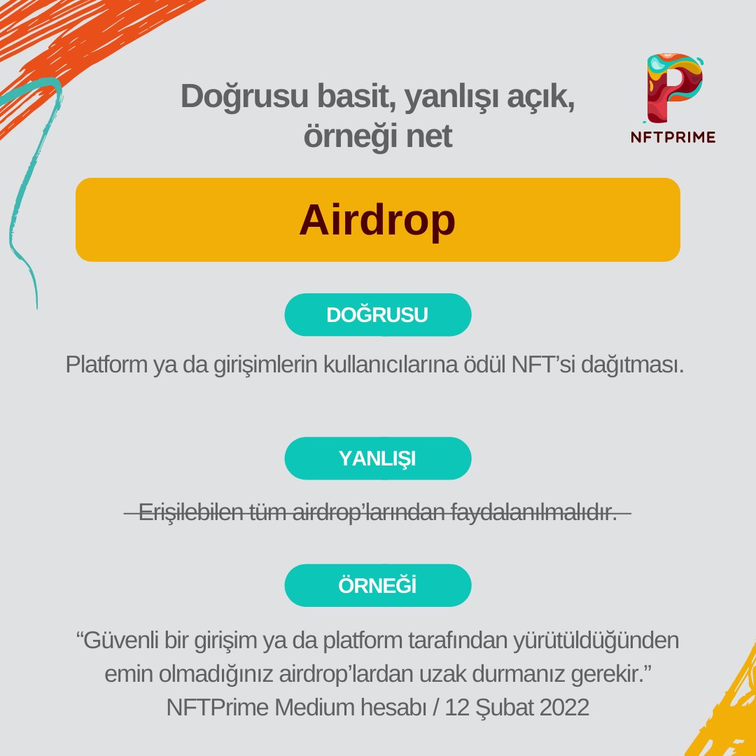 nftprimecom's tweet image. ✅ Doğrusu basit 
❎ Yanlışı açık
✳️ Örneği net: #Airdrop nedir?

#nftprime #Airdrop #nfts #nftcommunity #NFTGiveaways