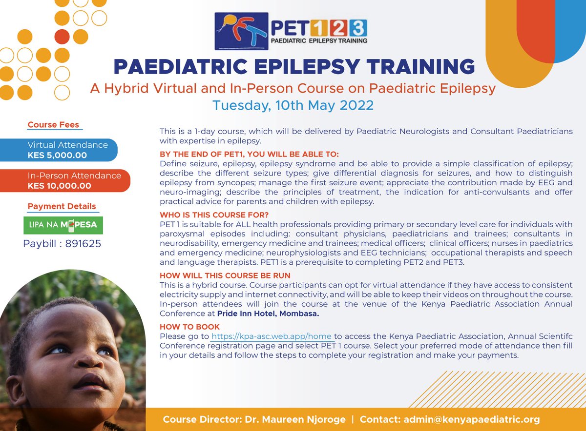 Here's a great training opportunity for those interested in Paediatric Neurology. Register for the Paediatric Epilepsy Training - PET 1 hybrid course scheduled for May 10th during the KPA #asc2022 conference 

To register: 
kpa-asc.web.app/home
#kpascicon2022 #AfyaYaWatotoWetu