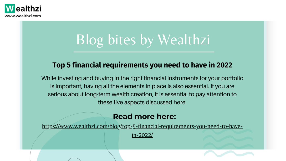 Wealthzi_in's tweet photo. Top 5 must have financial requirements for you in 2022
Read the complete blog here:
https://t.co/lgNhV4EhKF
#wealthzi #wealthexpert #investments #investwithus #WealthCreation #blog #blogbites #financialneeds https://t.co/YG9tafbiWM
