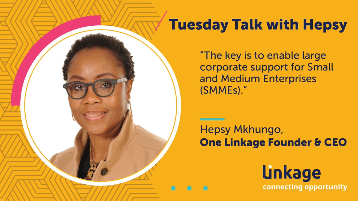 OneLinkage's tweet photo. #Tuesdaytalk with Hepsy Mkhungo

“If South Africa is to drive job creation and achieve sustainable economic growth, the key is to enable large corporate support for #SMMEs”

Linkage builds #technologies for corporates to enable small business #integration. https://t.co/eZCrQ9U9Ku