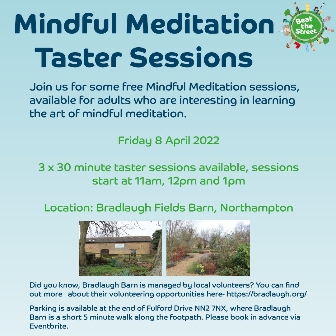 1 week until our FREE Mindful #Meditation taster sessions! The 11am session is FULLY BOOKED but places are available on the 12pm-12.30pm &amp; 1pm-1.30pm tasters! Sessions are open to all abilities, participants must be 18+🧘Register your interest here -bit.ly/3q6lazl