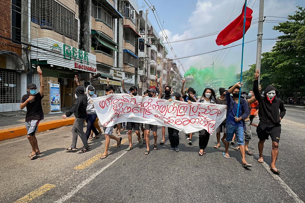 Young activists staged a flash-mob protest against military rule on Tuesday in Yangon. 
(Photo: AAMIJ) 
#WhatsHappeningInMyanmar