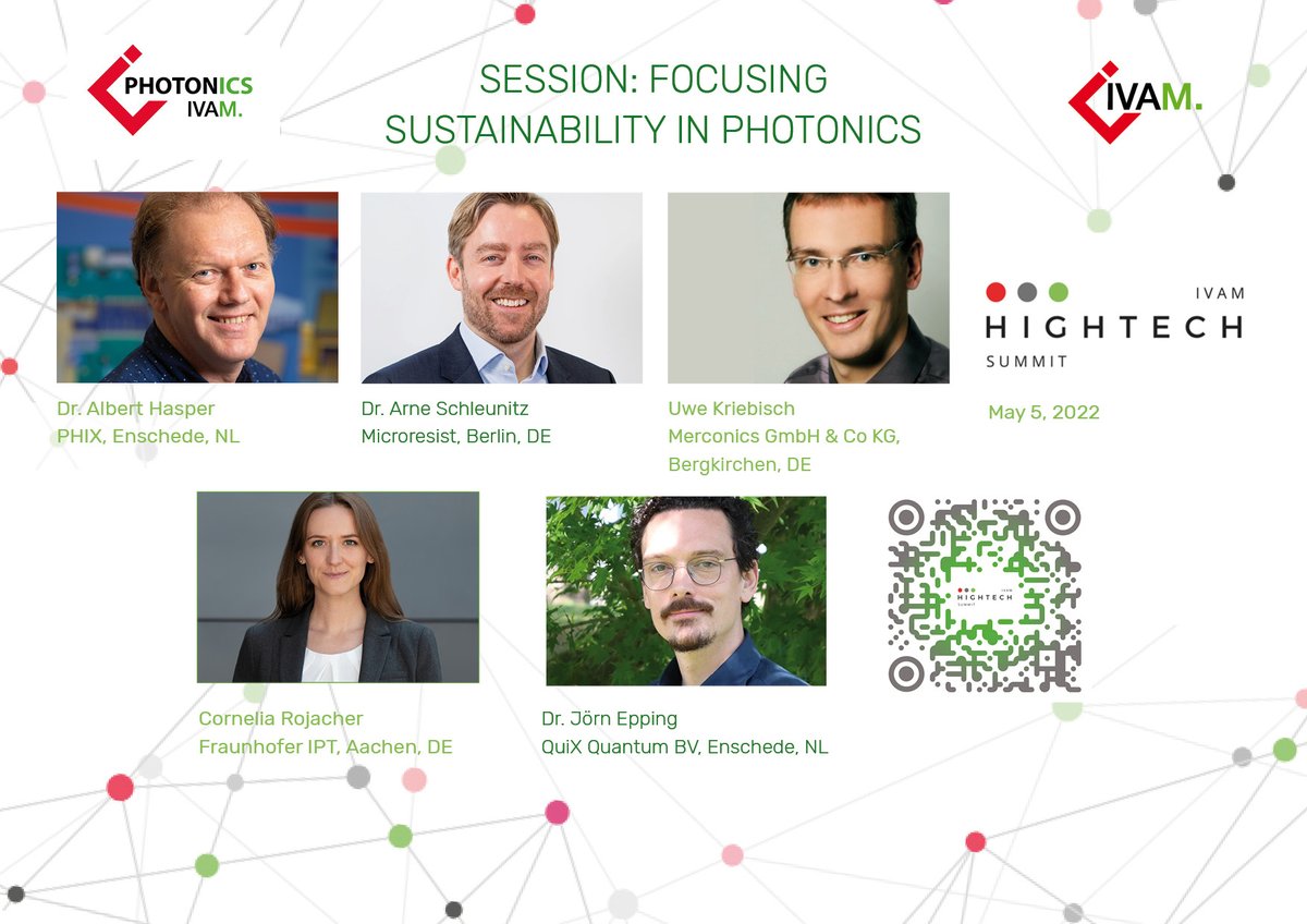 IVAM_Mikrotech's tweet photo. #IVAM Hightech Summit  - Solutions for Sustainability am 5. Mai 2022 in #Dortmund. Die Session zum Thema "Focusing Sustainability in #Photonics" mit 
@PHIX_Photonics @merconics @FraunhoferIPT und @QuiXQuantum https://t.co/dzWag1oPIO https://t.co/Z42beTzbcY