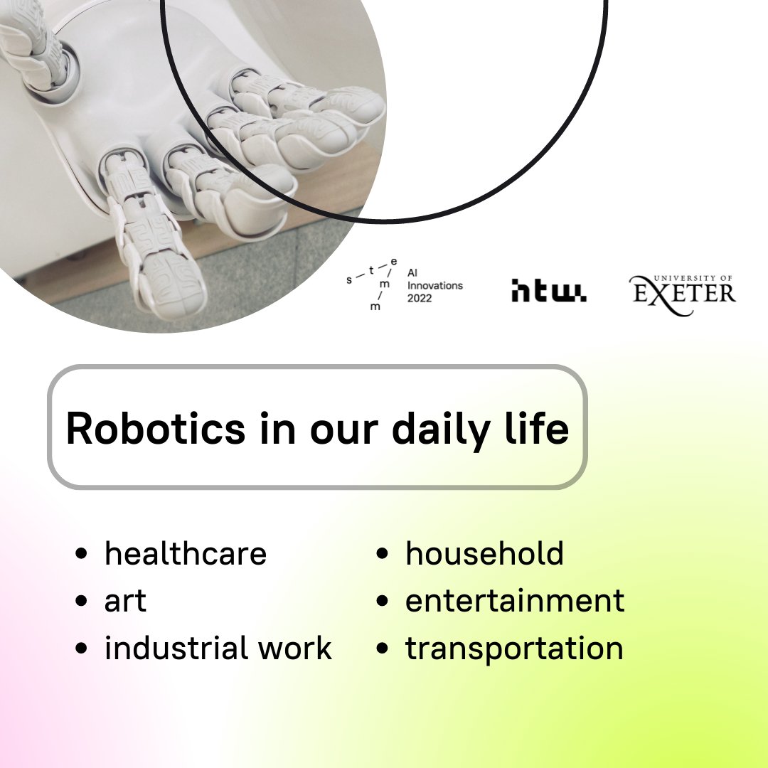 Session "#Robotics in our daily life"

A significant number of tasks in dangerous jobs and industrial workplaces can be replaced using #robots that are tireless, fearless, and extremely effective.

htw2022.stemm.ai

#MachineLearning #ArtificialIntelligence #RobotTomorrow