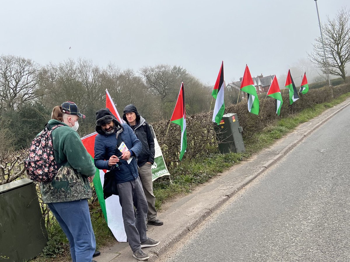 swilkinsonbc's tweet photo. Outside the gates of the israeli arms factory in Shenstone to make unwelcome the makers of death and destruction #ShutElbitDown https://t.co/qmNq9vDap2