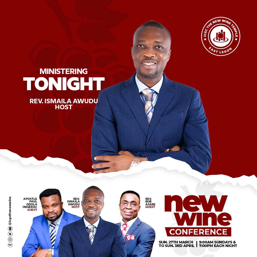 RevIsmaila's tweet photo. May God bring new wine out of you as you join me @Revismaila Awudu tonight for Day 3 of #NewWineConference22 .
Time: 7pm.
Venue: @icgcthenewwine
 Invite someone🙏🏾 https://t.co/oxnIyo4qRT