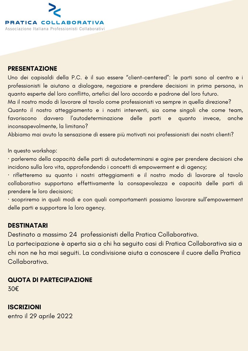📍5 maggio (14,30/18,00). Piattaforma #zoom.Le parti al centro: la scommessa della #praticacollaborativa.È sempre così?
Ne parliamo con l'aiuto di <a href="/king_francesca/">Francesca King</a> e <a href="/Mario_Dotti/">mario dotti</a>.
Iscrizioni entro il 29 aprile.
#aiadc #formazione #empowerment #agency  #professionisticollaborativi