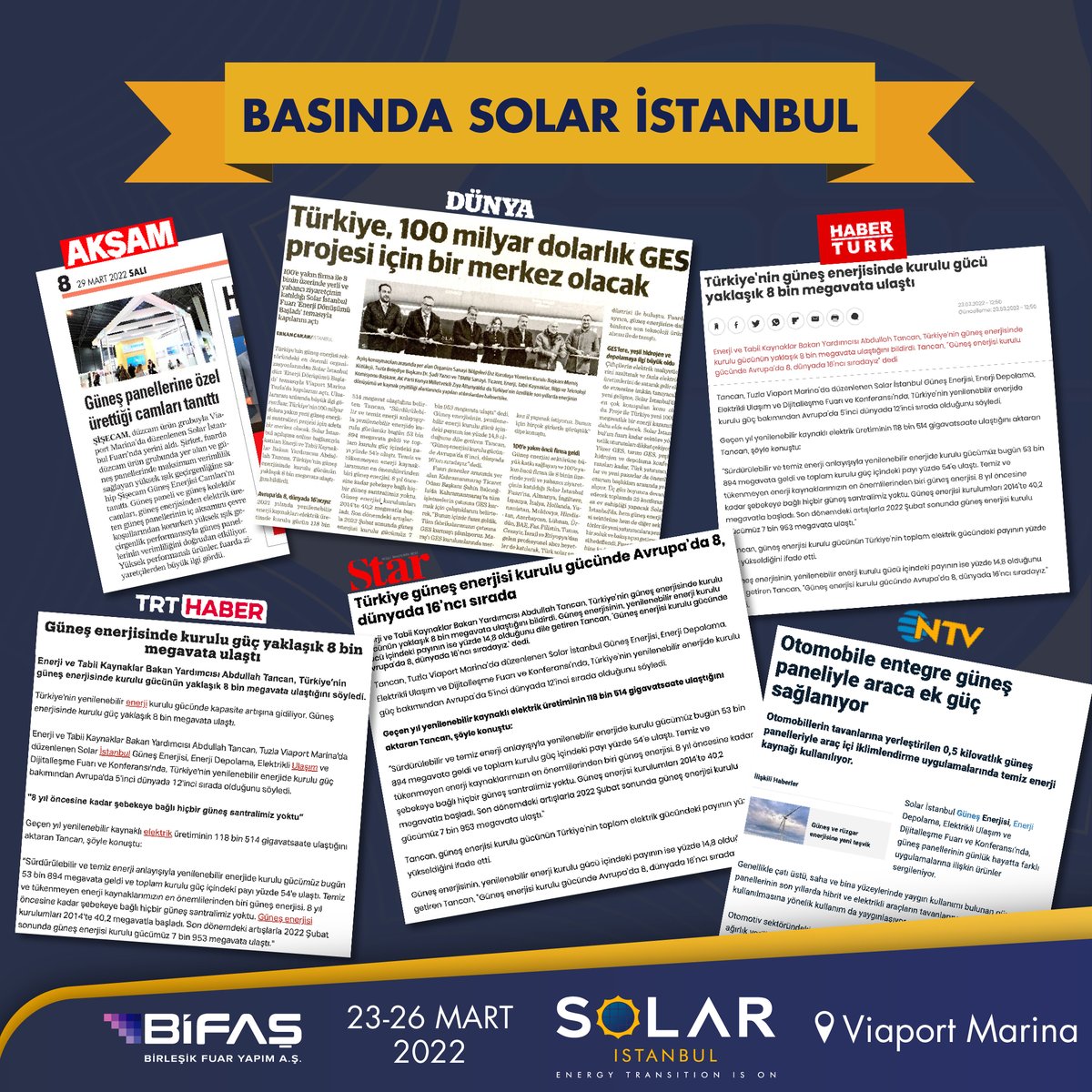 SolarIstanbul's tweet image. Bifaş organizatörlüğünde 23-26 Mart 2022 tarihinde gerçekleştirilen, Güneş enerji sektörüne yön veren Solar İstanbul Fuar’ı basında önemli mecralarda yer buldu.

#solar #solarexpo #fuar #güneşenerjisi #yenilenebilirenerji #güneşpaneli