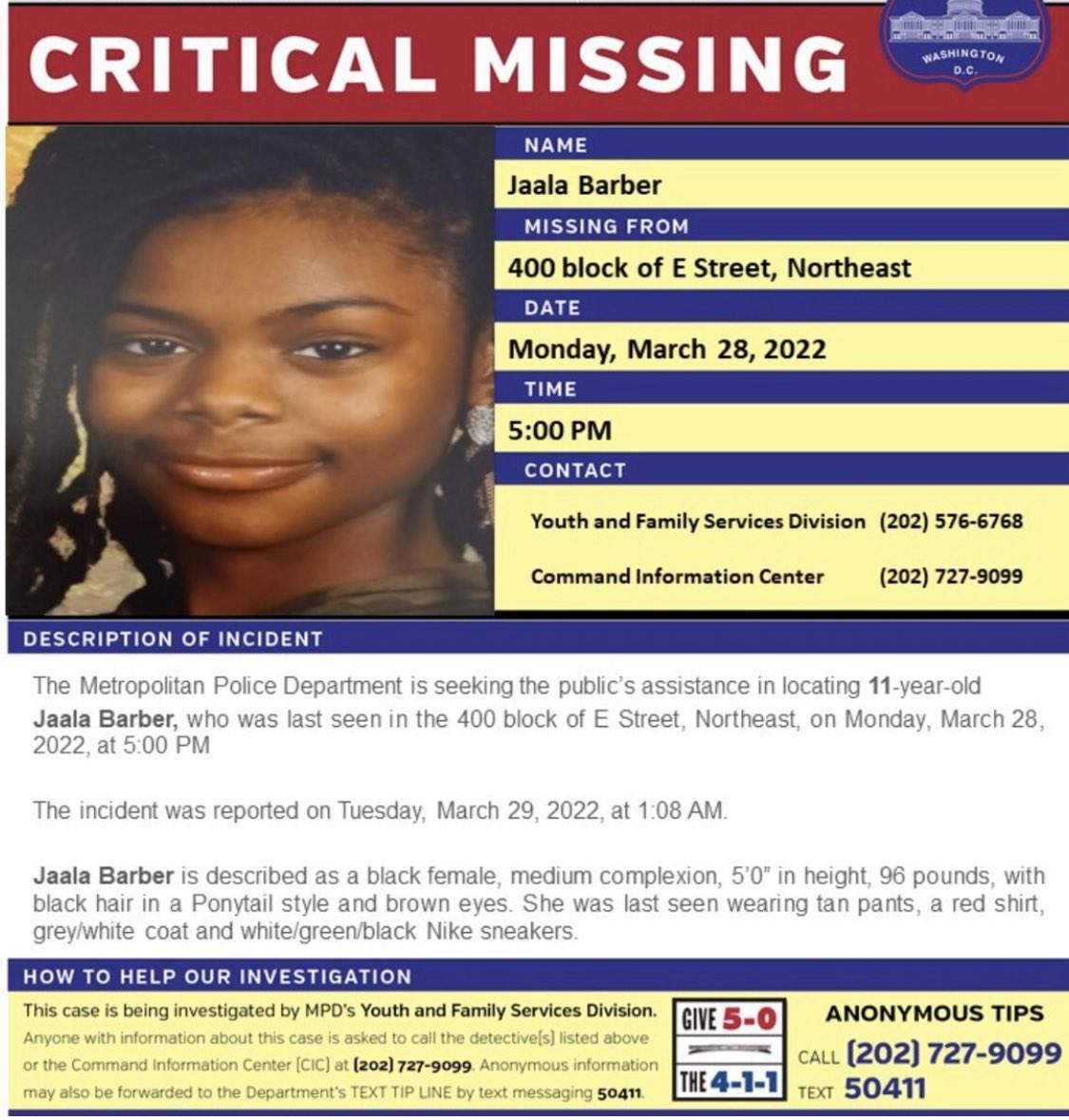 rodneyredgrant's tweet image. DC family, 
We need your help! The @DCPoliceDept needs your assistance locating Jaala Barber (description below). Let’s bring this young lady back home to her family. 

Please share! #TeamRed