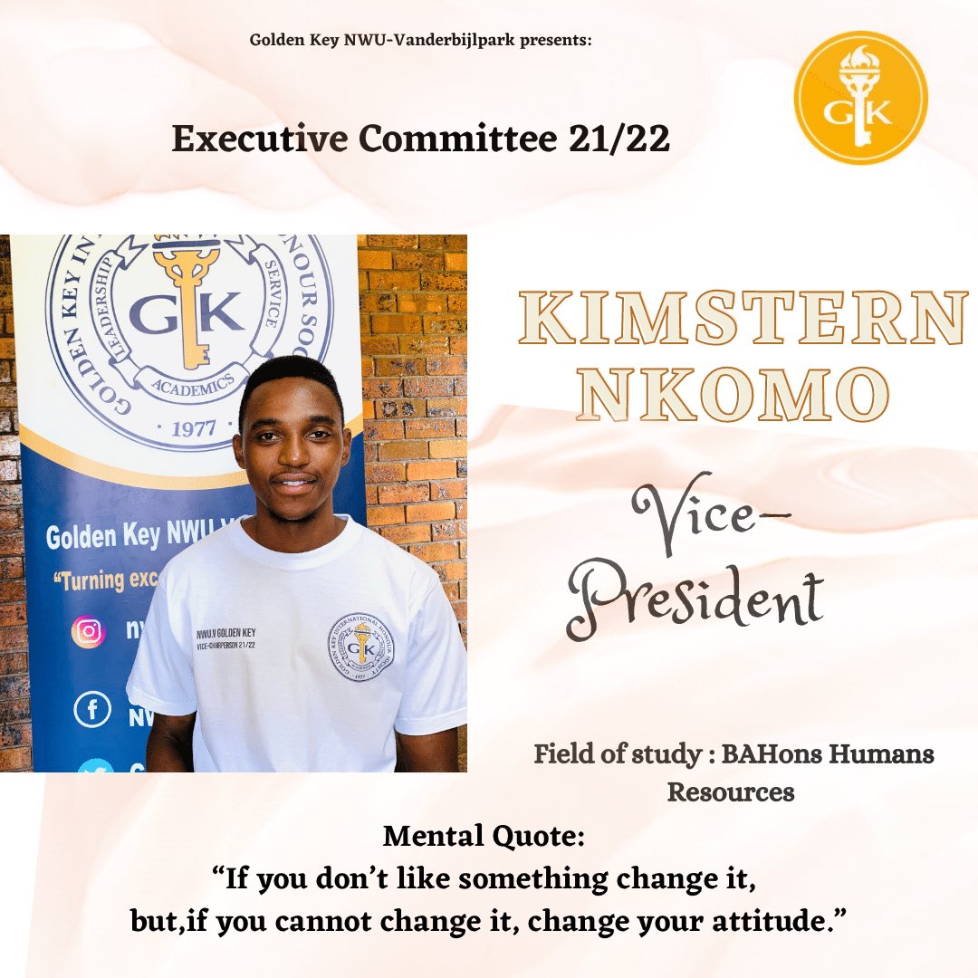 NWUVTCGoldenkey's tweet photo. Hey Goldies🔑
We want to officially introduce to you the Golden Key 21/22 Executive Committee members🔑
Name: Kimstern Nkomo
Position: Vice-President
#yesgk #gksa #goldenkeyinternationalhonoursociety #goldenkeysa #goldenkeysouthernafrica https://t.co/sMpXObgDnF