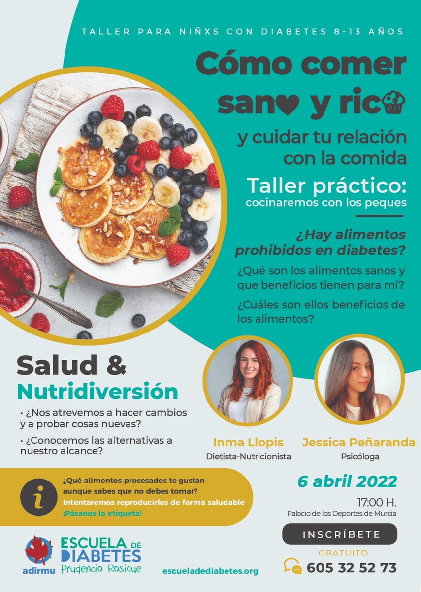 📚 ¡Presentamos un taller de intervención nutricional saludable muy divertido! 🍎☕🥞

🗓 𝟲 𝗮𝗯𝗿𝗶𝗹 𝟮𝟬𝟮𝟮
🕔 17:00h. 
📍 Palacio de los Deportes de #Murcia

Imprescindible inscripción ✍🏼
☎️𝟴𝟲𝟴 𝟵𝟭𝟬 𝟮𝟵𝟬
📞 𝟲𝟬𝟱 𝟯𝟮𝟱 𝟮𝟳𝟯

#ExpertosenDiabetes