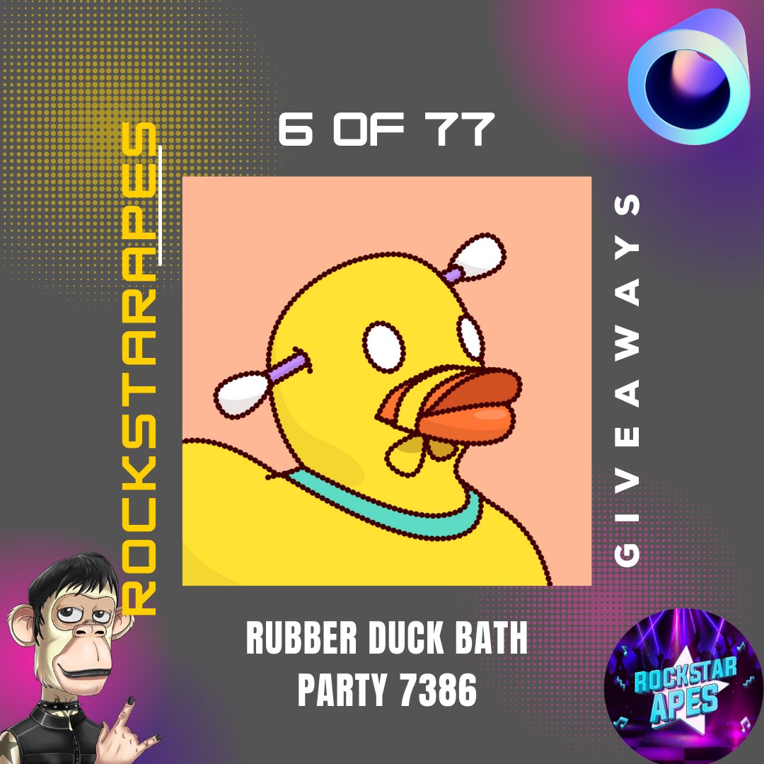 RockstarApes's tweet photo. Our 6th of  77 #Giveaway  of Our 77 Days After Mint Is
The cutest 
@RubberDuckBP 
 🐒🐥🐣
 .
To Enter:

➡️ Follow @RockstarApes
➡️ Retweet &amp; Like
➡️ Tag 3 friends that you think is a Rockstar🐵🙈
➡️ Join our Discord (https://t.co/SaGmhijfIV)

**Submit Proof in Discord for WL ** https://t.co/LaF3cWrbog