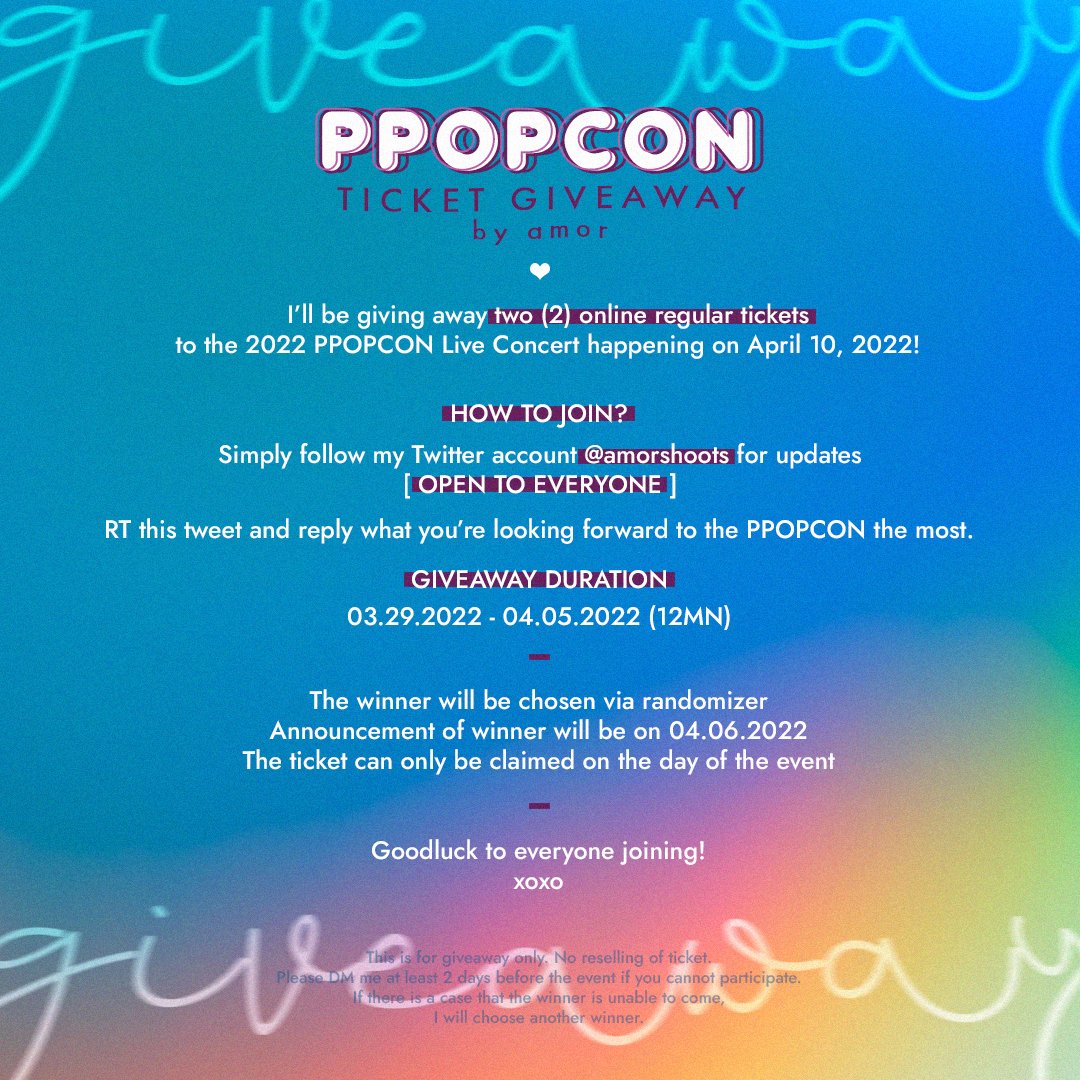 amorshoots's tweet photo. ✨#2022PPOPCON Ticket Giveaway!

Hi everyone! This is the second part of my PPOPCON Ticket Giveaway! I'll be giving away 2 online regular tickets. Anyone is free to join!

-Please help RT 🙏
-For more questions, please send me a DM.

Thank you! Good luck! 💛 https://t.co/mAwlaYYRVD