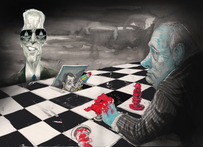 Putin and Biden playing peekaboo chess. Cartoon by David Rowe