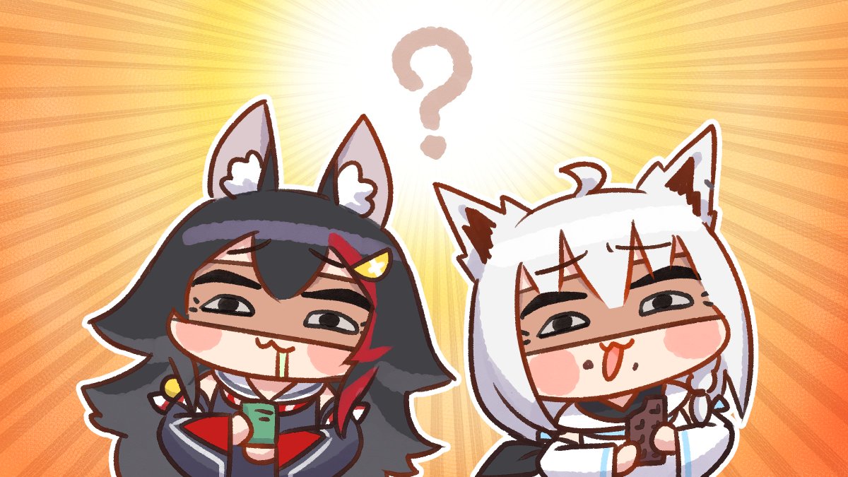ookami mio ,shirakami fubuki 2girls animal ears multiple girls fox ears wolf ears black hair white hair  illustration images