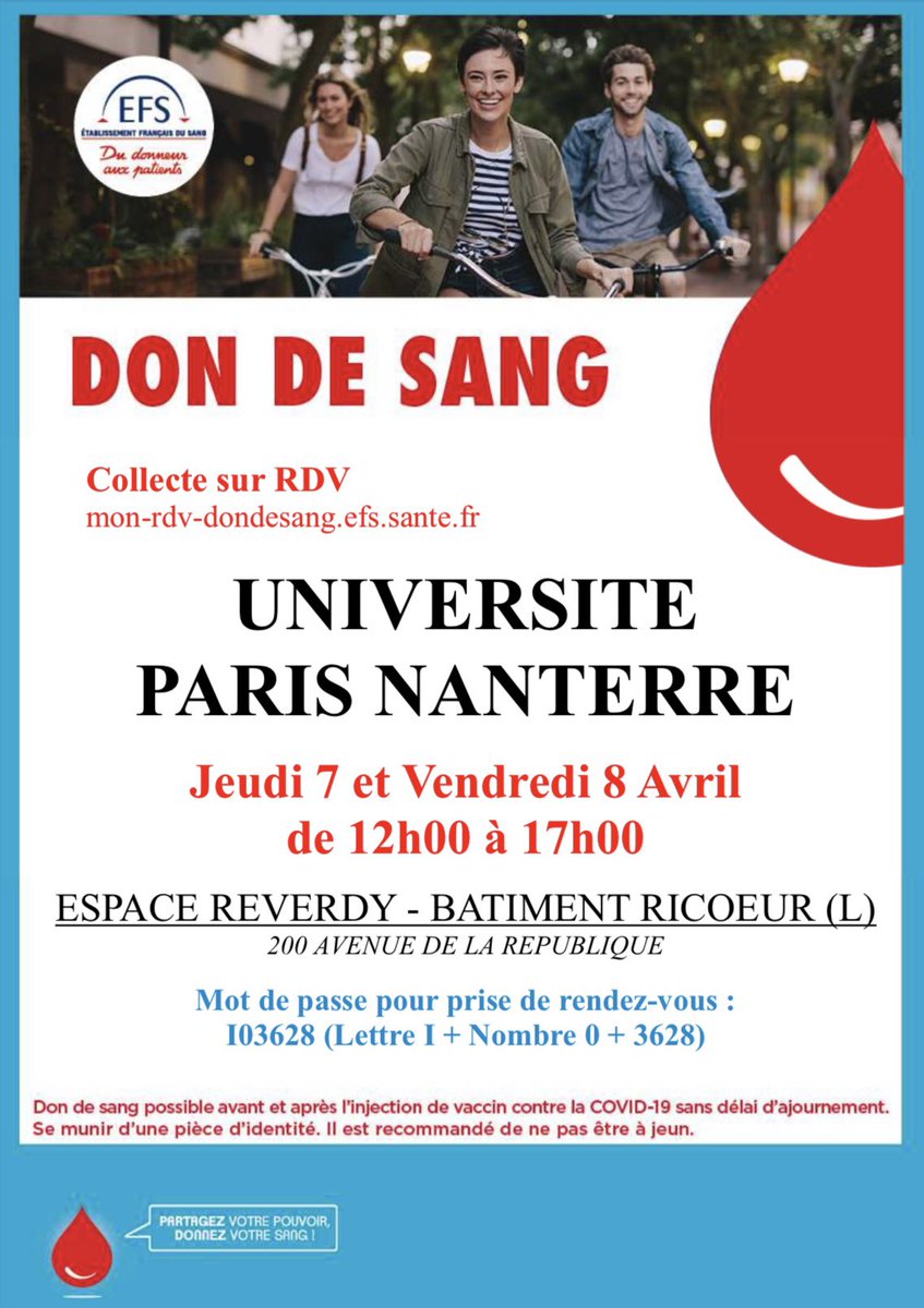 🩸#dondusang Prenez rdv pour donner votre sang sur le campus de Nanterre les 7 &amp; 8 avril !

parisnanterre.fr/agenda/don-du-…