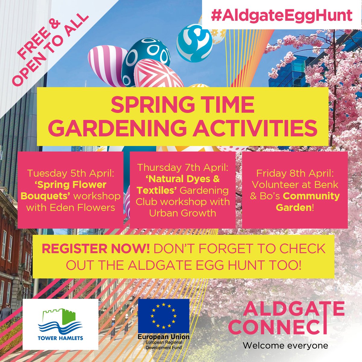 AldgateConnect's tweet photo. Join us in The Aldgate Egg Hunt!🐣 Explore the area through scavenger hunt clues &amp; find a chocolate prize waiting for you at the end of the trail!🍫 Alongside the Egg Hunt, we are running some Spring Time Gardening Workshops💐
Register now: https://t.co/7FQWLmB3ly
#AldgateEggHunt https://t.co/Vaf97MhPlE