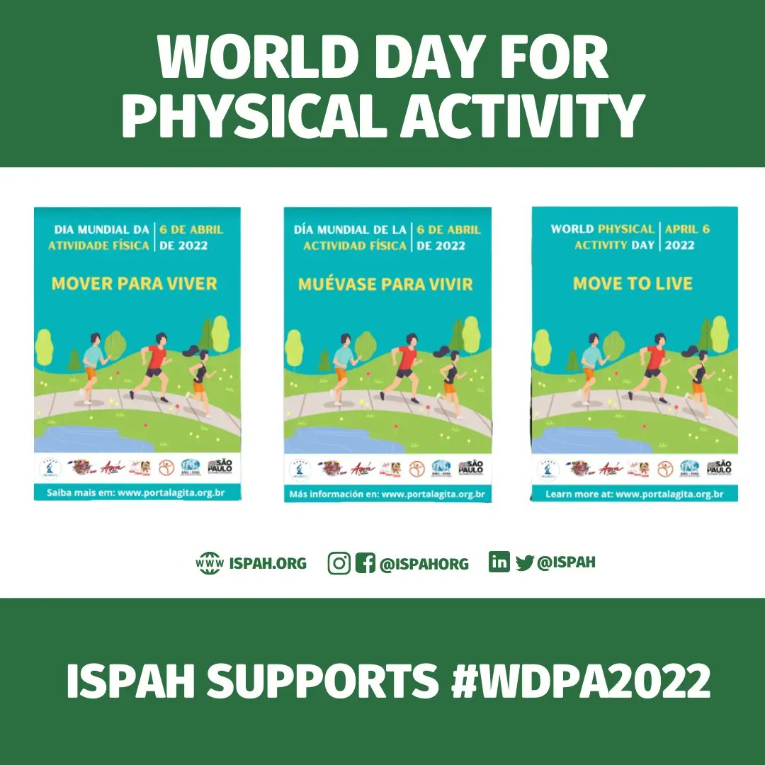 ISPAH's tweet image. 🗓️The World Day for Physical Activity #WDPA2022 is on April 6th and its theme is #MoveToLive!

📢Regular #physicalactivity helps prevent and #beatNCDs and can improve mental health and quality of life. 

What will you do for #WDPA2022? 🏃‍♀️🧗‍♂️🚴‍♂️🤾🏊
