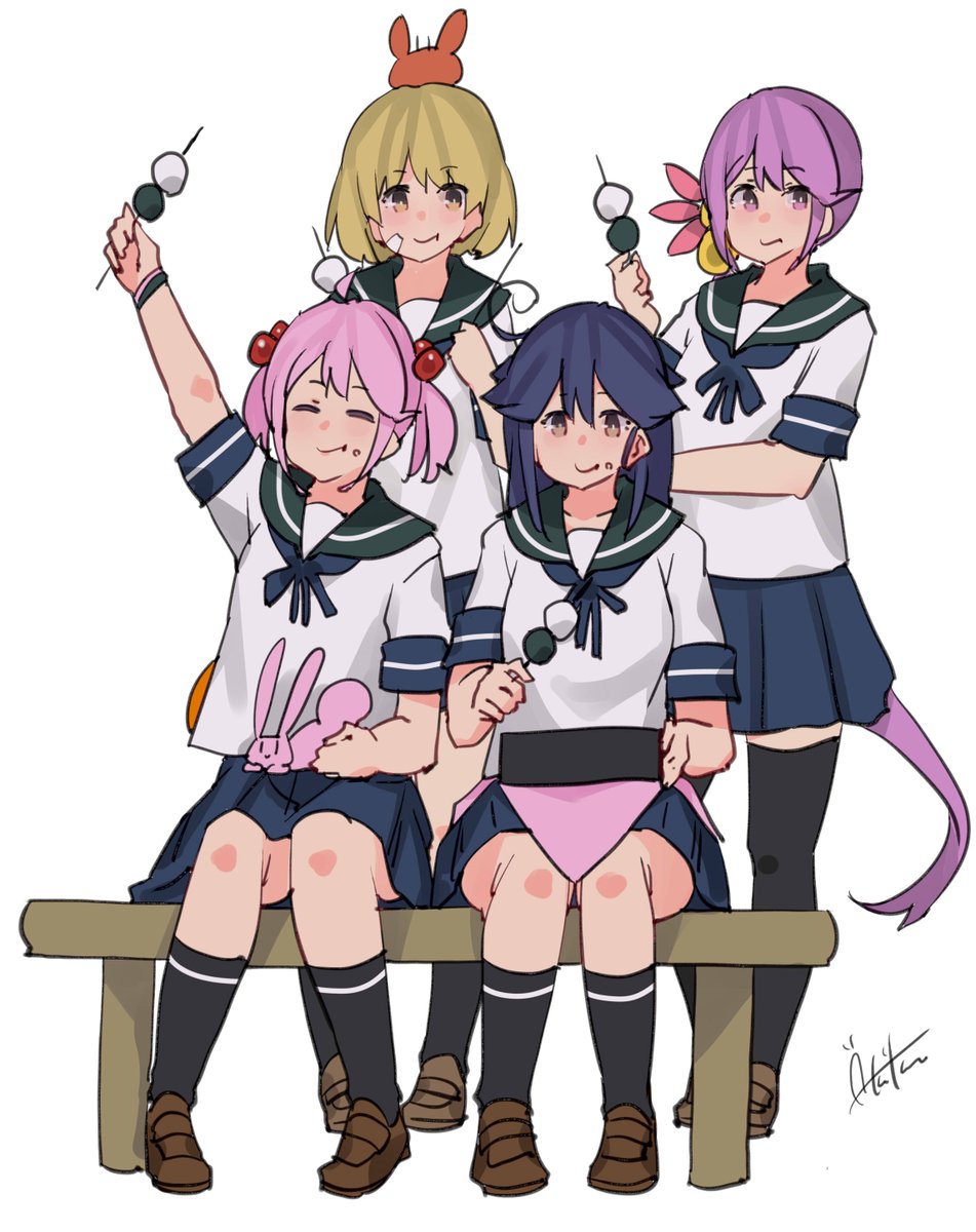 akebono (kancolle) ,oboro (kancolle) multiple girls 2girls school uniform wagashi serafuku flower dango  illustration images