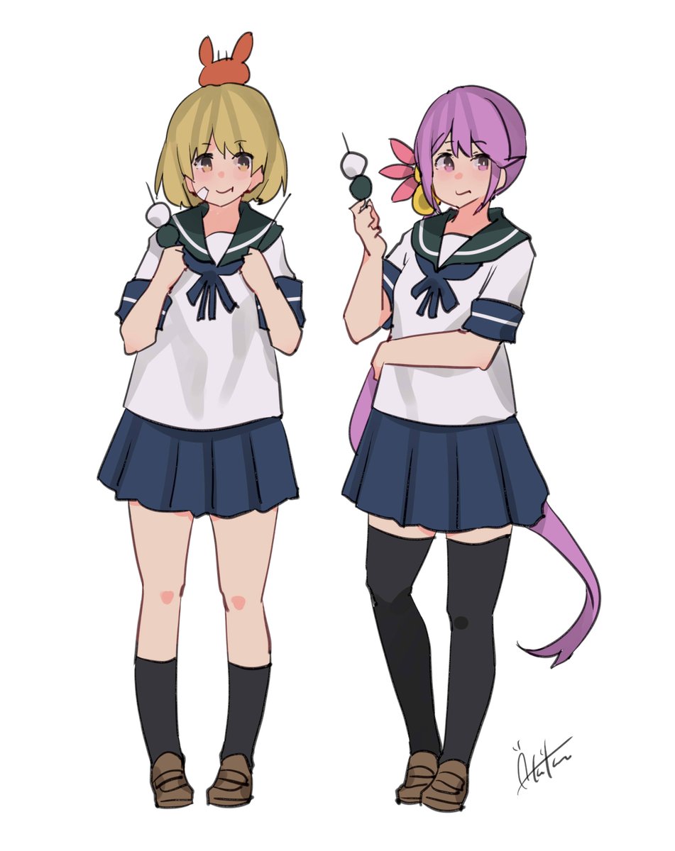 akebono (kancolle) ,oboro (kancolle) multiple girls 2girls school uniform wagashi serafuku flower dango  illustration images