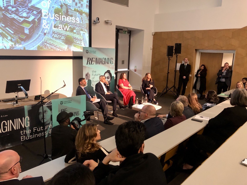 SBL_UEL's tweet photo. Really interesting discussion around emerging technologies, the regeneration of East London & the future of business and law. Our panellists have shared some great advice & insights with our students.
#USSLaunch @SadiqKhan, @karren_brady @ProfBroderick @Mohamma24705240. https://t.co/1IFR7QxPsc