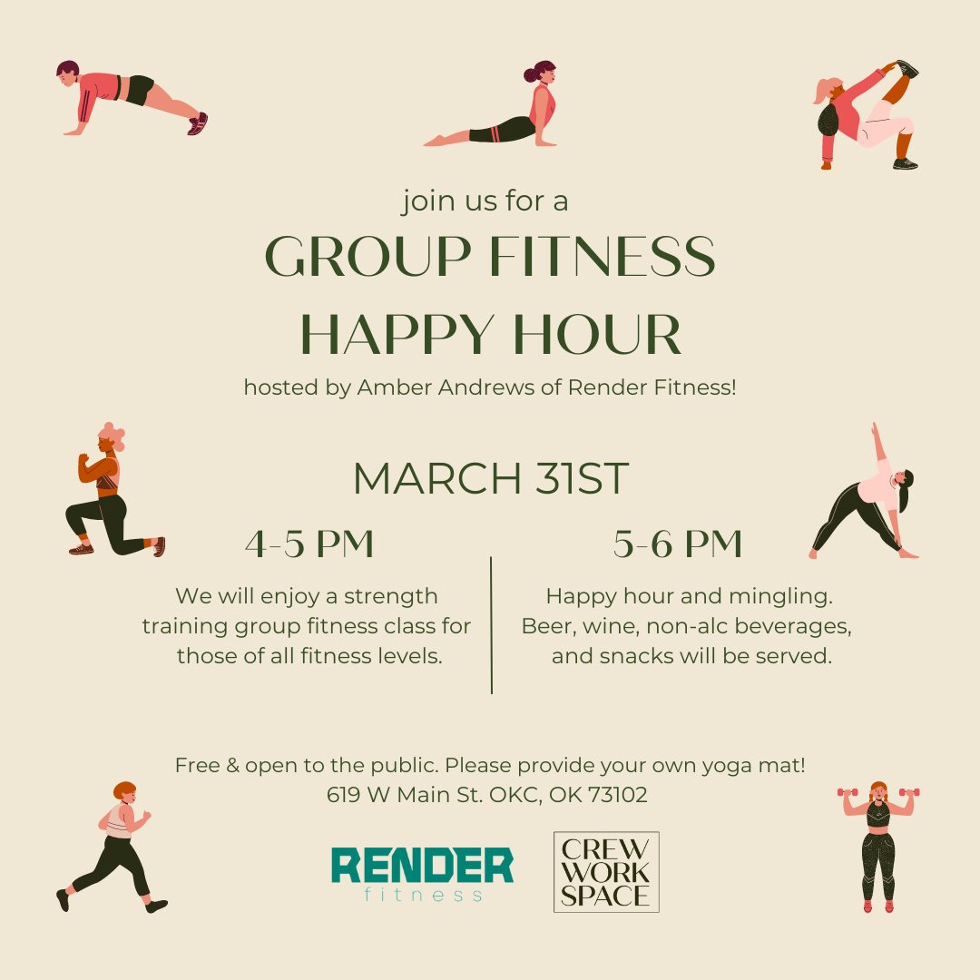 CrewWorkspace's tweet image. Join us this Thursday for a Group Fitness Happy Hour! Free and open to both Crew members and non-members, this event is a great opportunity to wind down your workday with a little activity and community!