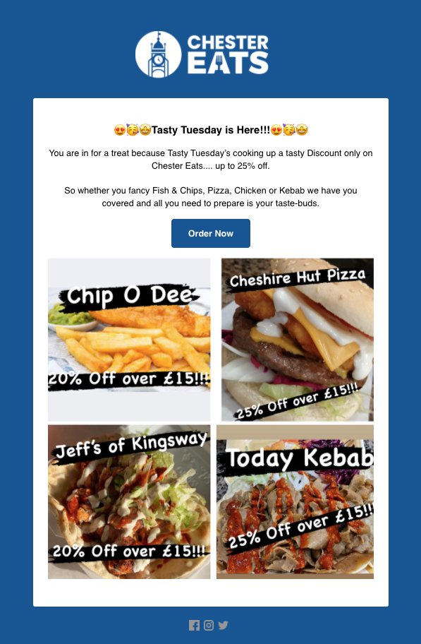 Tasty Tuesday only on Chester Eats!🤑🤑

You are in for a treat...Tasty Tuesdays are cooking up a tasty Discount only on Chester Eats..up to 25% off. 

So whether you fancy Fish &amp; Chips, Pizza, Chicken or Kebab we have you covered and all you need to prepare is your taste-buds.