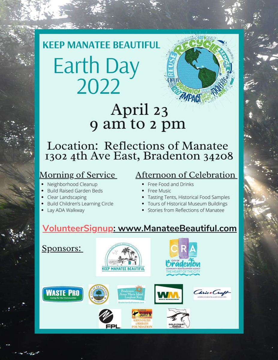 ManateeBeautiFL's tweet photo. Invest In Our Planet!Celebrate #EarthDay at Reflections of Manatee. Join us for a Morning of Service & Afternoon of Celebration April 23! Sign up today at https://t.co/X81dorvjOh. #Reuse #Reduce #Recycle #KeepManateeBeautiful #DoBeautifulThings https://t.co/7IEOOpln5j