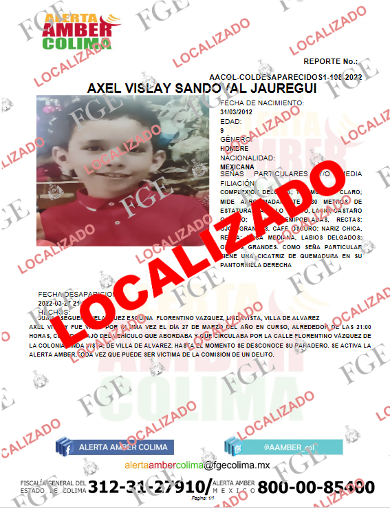 AAMBER_col's tweet photo. Nos es grato informar que ha quedado desactivada la alerta que se emitió por el menor AXEL VISLAY SANDOVAL JAUREGUI, debido a que ya fue localizado. https://t.co/9BRihYMNLK