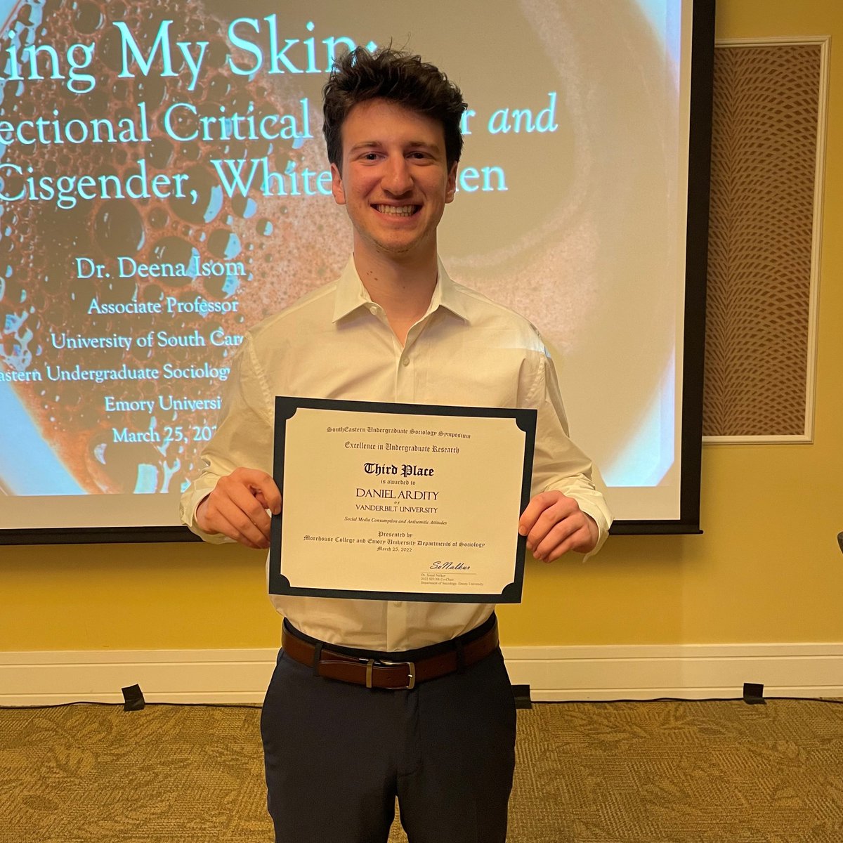 <a href="/DanielArdity/">Daniel Ardity</a> Vanderbilt student Daniel Ardity (Cornelius Vanderbilt Scholar, Class of '24) won the bronze for Excellence in Undergraduate Research at this year's Southeastern Undergraduate Sociology Symposium