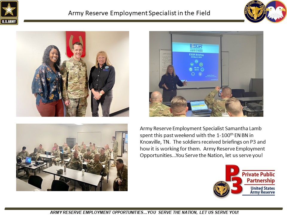 P3O_USAR's tweet photo. Check out our team helping soldiers! ARES Samantha Lamb briefed the 1-100th EN BN soldiers this past weekend in Knoxville, TN.  ARMY RESERVE EMPLOYMENT OPPORTUNITIES...YOU SERVE THE NATION, LET US SERVE YOU! https://t.co/8BSMZm3ts9