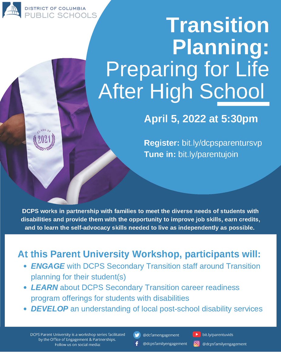 DCPS Secondary Transition Programs (@dcps_transition) on Twitter photo We partner with families to meet the diverse needs of students with disabilities, providing student-centered career readiness experiences designed to facilitate the attainment of post-school aspirations. Join us April 5, 2022 at 5:30 pm to learn more. <a href="/dcpublicschools/">DC Public Schools</a> We partner with families to meet the diverse needs of students with disabilities, providing student-centered career readiness experiences designed to facilitate the attainment of post-school aspirations. Join us April 5, 2022 at 5:30 pm to learn more. <a href="/dcpublicschools/">DC Public Schools</a>