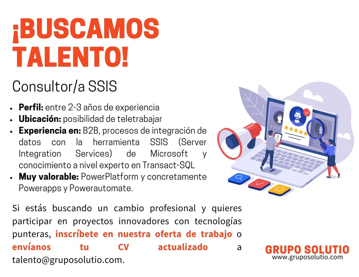 Grupo_Solutio's tweet photo. Para incorporación en remoto en importante cliente, buscamos a un/a Consultor de #ServerIntegrationServices de Microsoft.  

➡Aplica aquí: https://t.co/oZajUAIbuo
➡Envíanos tu CV a talento@gruposolutio.com

#SolutioTalent #ETL #B2B #integracióndedatos #SSIS #TransactSQL #ITJobs https://t.co/grNXo1wKUF
