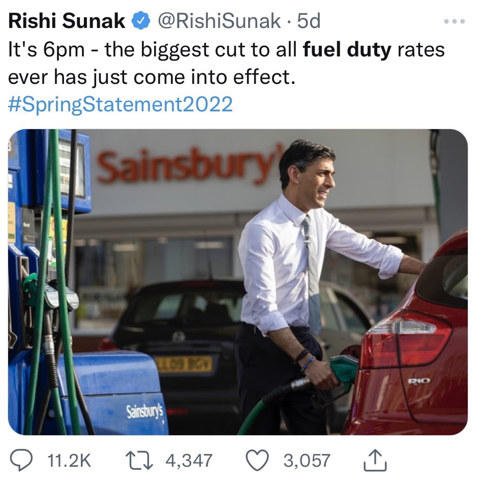 benkind's tweet image. How it started vs how it’s going…

Fuel prices haven’t gone down despite Tory promises &amp;amp; £2.5bn cost of cutting duty could’ve gone on helping the most in need rather than company profits. Meanwhile, car clubs &amp;amp; ways of reducing vehicle dependency get more expensive 🙄