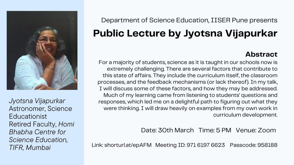 Join us for the first lecture of a series hosted by the Department of Science Education at #IISERPune tomorrow (Wednesday, March 30, 2022, 5pm)!! iiserpune.ac.in/events/3433/pu…