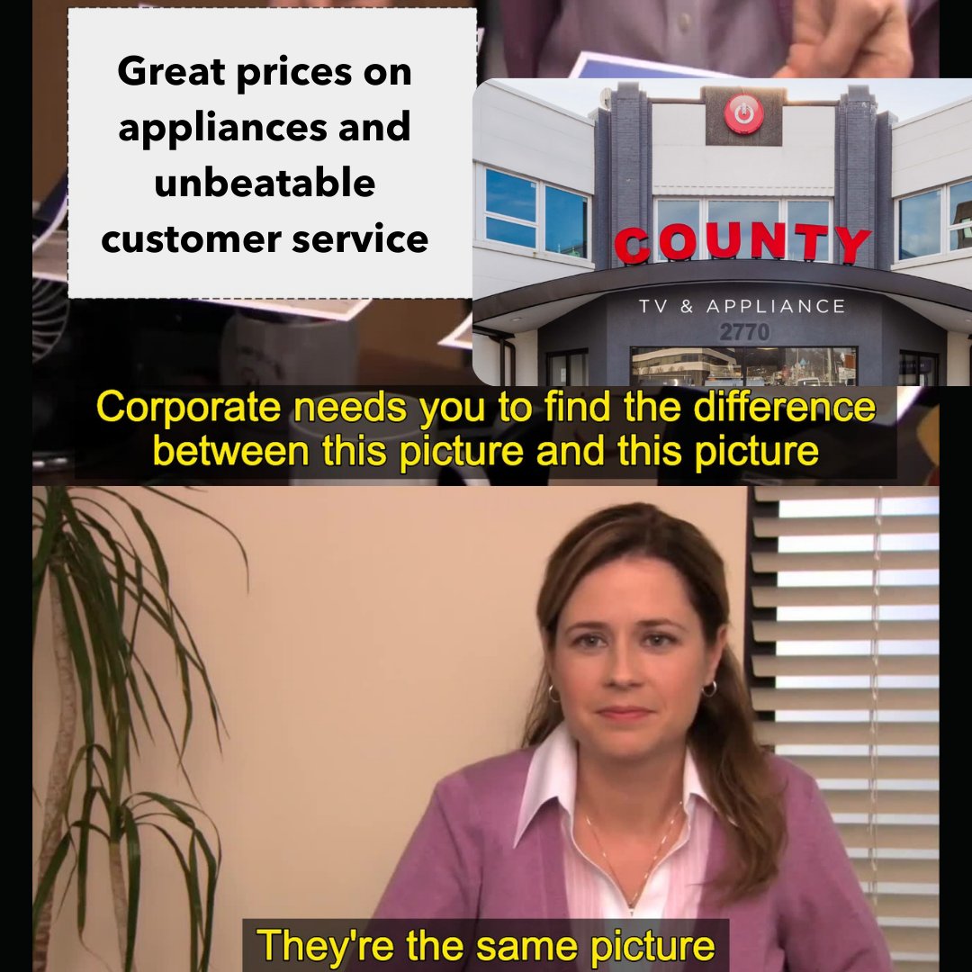 CountyTVCT's tweet photo. Can you spot the difference? 🤔

#countytvandappliancect #countytv  #fairfieldcounty #westchestercounty #stamford #cthomebuilder #theoffice https://t.co/Io72fDkV1W