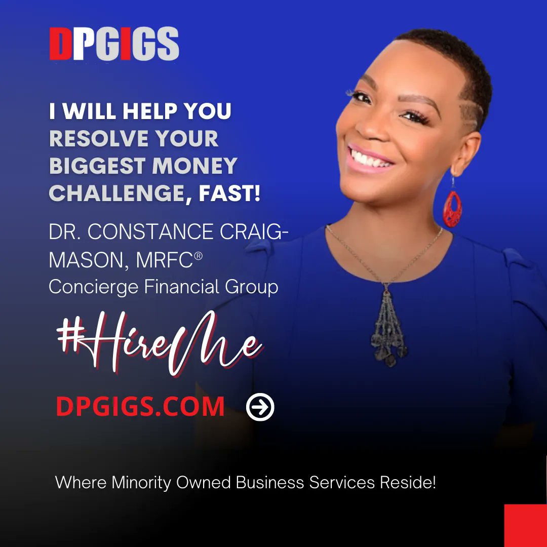 DpGigs's tweet photo. In honor of Women's History Month, we celebrate DPGIGS Freelancer, Dr. Constance Craig-Mason of Concierge Financial Group. Hire Dr. Constance to help you resolve your biggest money challenge FAST. Learn more about Dr. Constance at https://t.co/7l2sFioJr8.
#SheReady #DPGIGS https://t.co/2Tb80S75gj