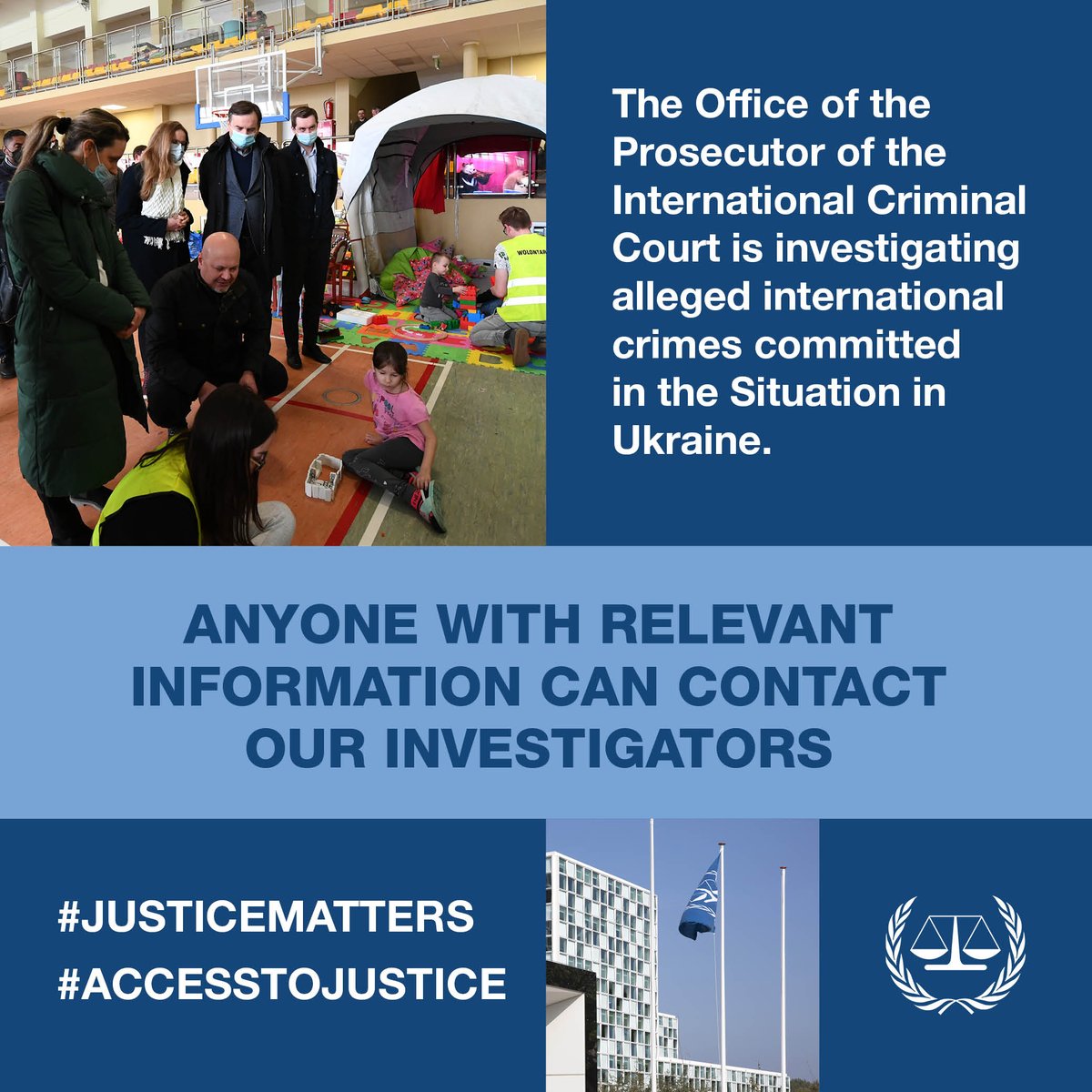 IntlCrimCourt's tweet photo. 📢 The #ICC Office of the Prosecutor is investigating alleged international crimes committed in the Situation in #Ukraine. 📨 Contact our investigators through this link ➡️ https://t.co/7ovB9h8Yer #JusticeMatters https://t.co/uU3oN9Fej5