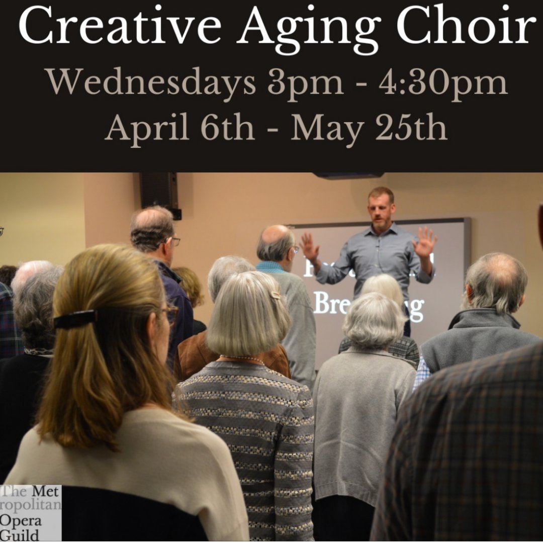 MetOperaGuild's tweet photo. Our new Creative Aging Choir starts next week! For only $15, adults 55+ can join us for this 8-week program to learn how to sing and explore repertoire from the operatic cannon and beyond. Registration is now open #CreativeAging #LifelongLearning #AdultChoir #OperaBasedLearning https://t.co/L7YyOZETmf