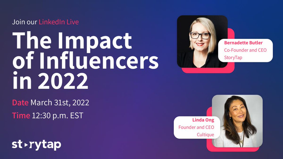 storytapvideo's tweet photo. Join us on March 31 for a LinkedIn Live discussion hosted by StoryTap's co-founder and CEO, @BButlerStoryTap , and @lindaong100 (Founder and CEO, CULTIQUE), on the future of influencers.
https://t.co/AHOr7NX9Zz https://t.co/icq0Q7ictH