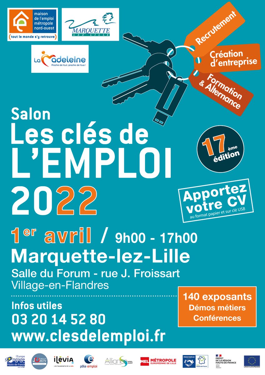 📆 Cette semaine, on finit à Marquette-Lez-Lille pour le Salon les clés de l'emploi ! 

📧 A VOS CV 👀

📍 Rendez-vous Vendredi 1er Avril à la Salle du Forum à Village-en-Flandres. 

@pole_emploi <a href="/ilevia_actu/">ilévia</a> @MEL_Lille @Région Hauts-de-France <a href="/prefet59/">Préfecture de la région Hauts-de-France et du Nord</a> @SIVOMano <a href="/Marquette59520/">Marquette-lez-Lille</a>