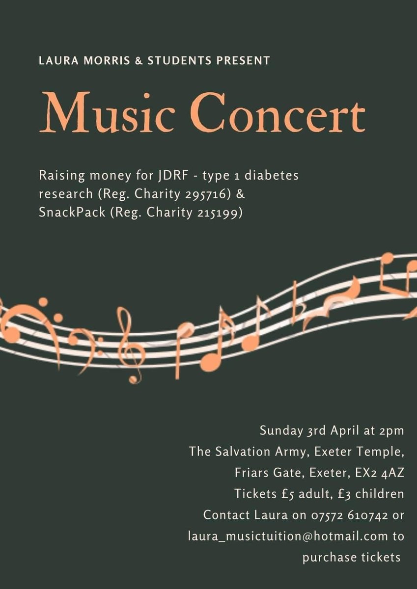 SWSCDiabetesUK's tweet photo. Enjoy soothing Sunday sounds with Laura Morris &amp; Students, who are raising funds for #Type1Diabetes #Exeter SnackPack Childrens' &amp; Families group &amp; JDRF! Music Concert, Sun 3 April, 2pm, EX2 4AZ. £5 (£3 children). Contact laura_musictuition@hotmail.com for tickets. #diabetes https://t.co/vCI5R7sepG
