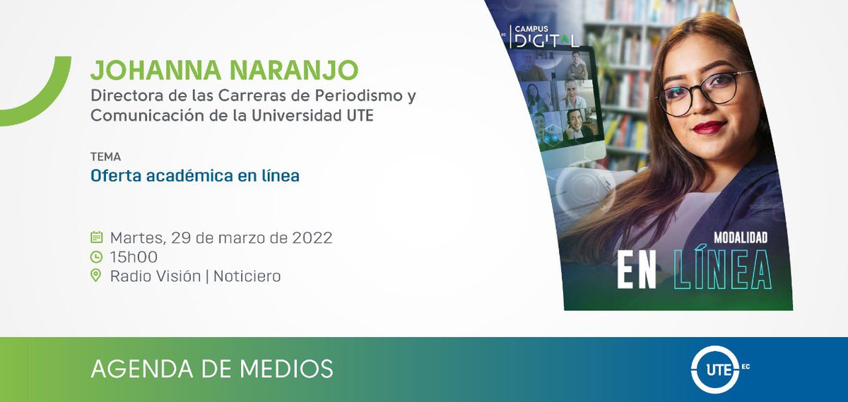 UTEoficial's tweet photo. #UTEenMedios I 𝗘𝘀𝘁𝗮 𝘁𝗮𝗿𝗱𝗲

¿Quieres conocer ➕sobre las carreras en línea: #PeriodismoUTE y #ComunicaciónUTE ❓ 

🟢 @NaranjoJohanna, directora de las carreras conversará sobre este tema con Michelle Oquendo, en  @visionquito.

🕰️ 15h00
📻91.7
📍https://t.co/UyD496nwU4 https://t.co/qf4OXzSlsu