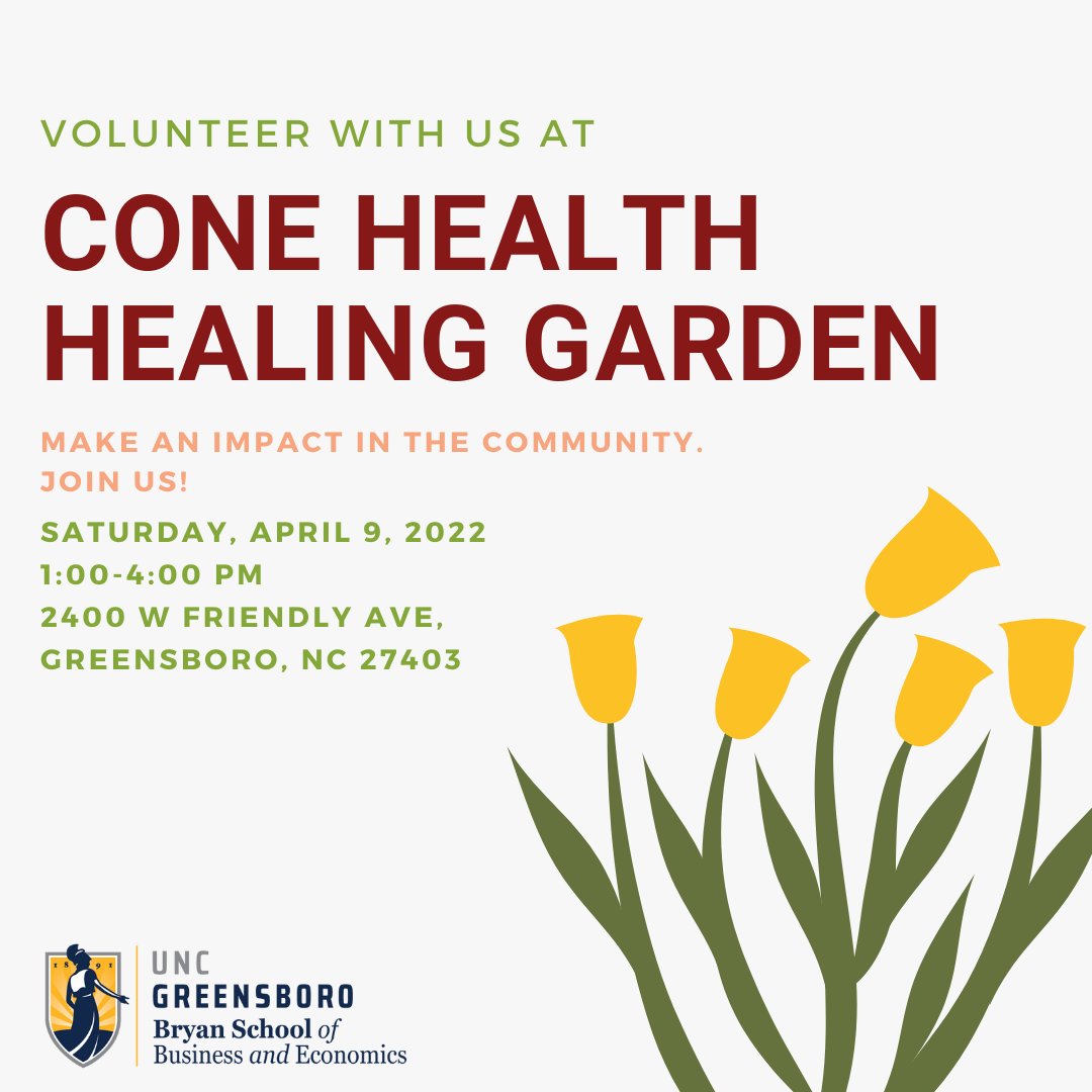 Please join us to volunteer at Cone Health Healing Garden on Saturday, April 9, 2022 from 1:00 - 4:00 PM! This is an exciting opportunity to give back to our community. 
Register here: ow.ly/Tq9n50IuYUH