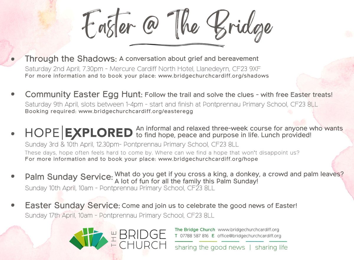 Easter @ The Bridge! Everyone’s welcome :)

Find out more by heading to bridgechurchcardiff.org.uk, or sending us a message. We'd love to see you! #sharingthegoodnews #sharinglife #easter #passionforlife #hopeexplored