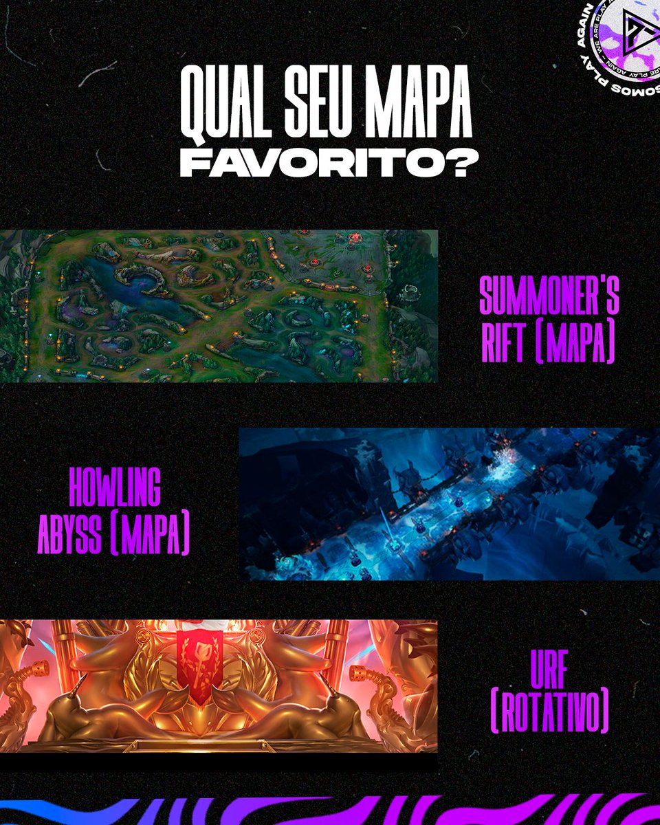 Todo mundo tem aquele mapa, modo ou tipo de jogo favorito, não é mesmo? 😉

👉 Na hora de passar várias horas no lolzinho, seja na madrugada alone ou com os amigos. Qual mapa/modo você mais gosta?