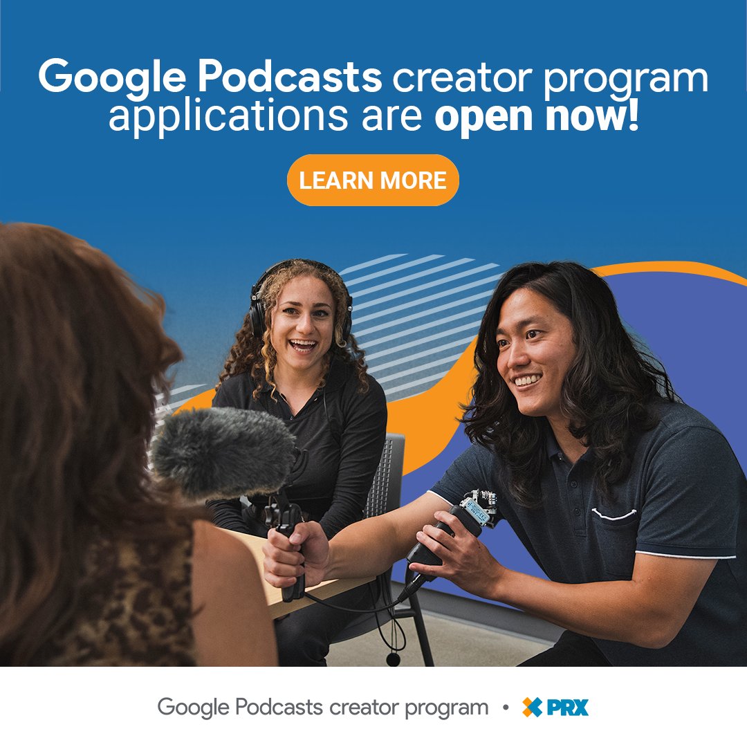 prx's tweet photo. Ready to take your podcast to the next level?
Applications are now open for this year’s @Google Podcasts creator program! The program provides free training, equipment, and $15K in funding.
The deadline to apply to #podcreator is April 24. https://t.co/9BMyyGmGmk https://t.co/UMuQg5jyQA