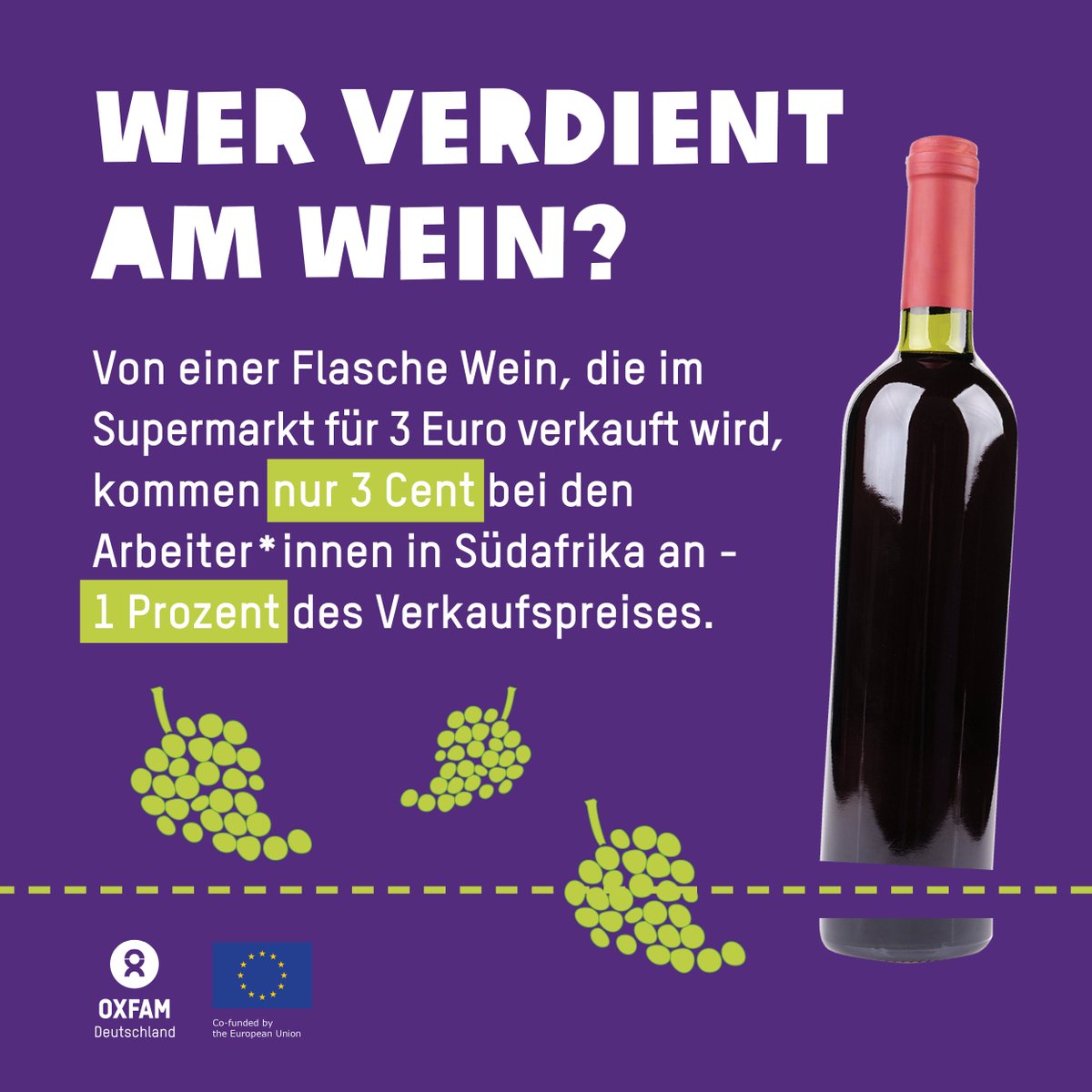 Oxfam_DE's tweet photo. 🍇 Wusstet ihr, dass Wein oft einen miesen Beigeschmack hat? Arbeiter*innen in Südafrika sind zum Beispiel häufig sexueller Gewalt und giftigen Pestiziden ausgesetzt. Supermärkte und die Bundesregierung müssen endlich Verantwortung übernehmen! #Lieferkettengesetz https://t.co/1LnecjsUQu